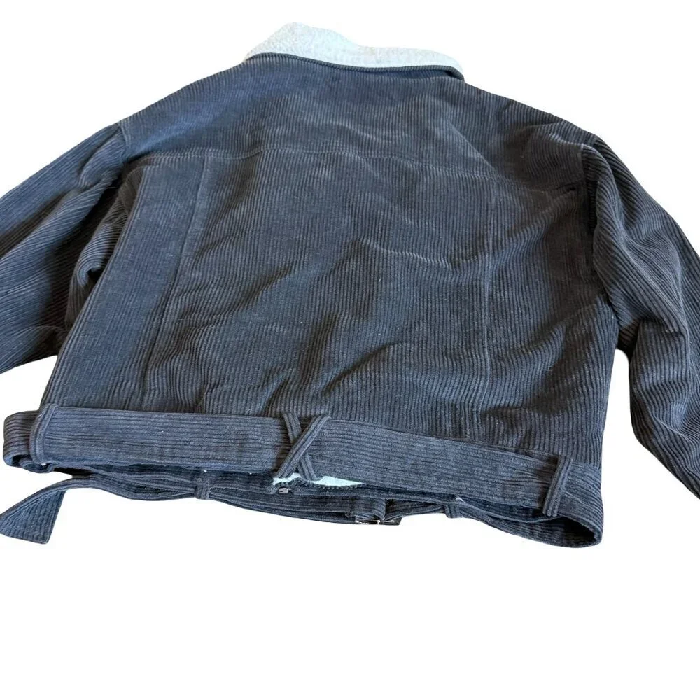 Fashion on Earth Grey Corduroy Asymmetrical Jacket Sherpa Lined Belted Sz Medium